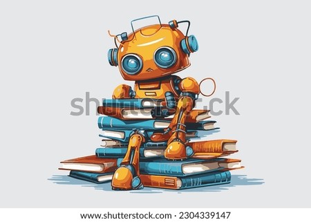 Hand painted robot with books in cartoon style. Artificial intelligence concept. Vector format.