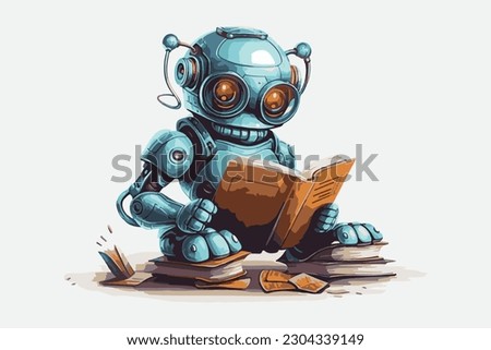 Hand painted robot with books in cartoon style. Artificial intelligence concept. Vector format.