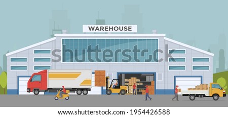 Warehouse out side. Big warehouse and transportation beside. Boxes on pallet shelves people loaders working of warehouse. Vector illustration