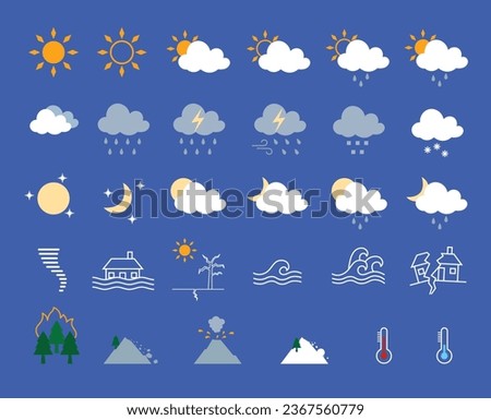 Set of weather and natural disaster color icons flat vector.