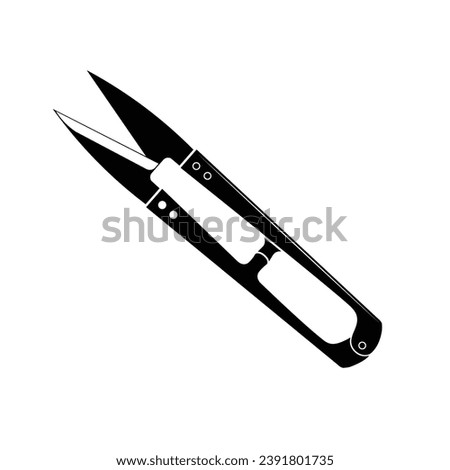 Thread snips flat silhouette vector isolated on white background. Black and white icon for sewing concept. Tool for tailors, dressmakers, crafters, embroiderers. Sewing supplies