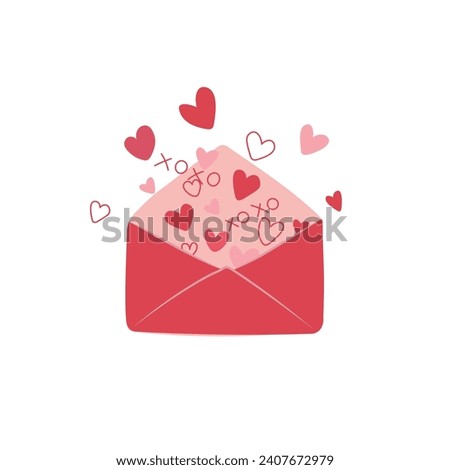 An envelope containing hearts flat vector illustration isolated on white background. Element for Valentine's day concept. Doodles clip art in cartoon style. Happy Valentine's day.