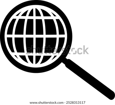 Globe search vector icon. Magnifier glass with globe icon. Replaceable vector design.