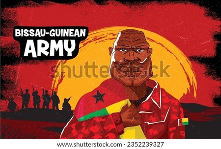 Embrace the essence of bravery and patriotism! Witness the power of an Bissau-Guinean soldier with the national flag. Fuel your designs with pride.