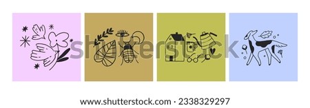 Set of composition with stylish minimalistic illustrations. Perfect for social media posts, tattoo, cards and posters. All elements are isolated.
