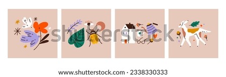 Set of composition with stylish minimalistic colorful illustrations. Perfect for social media posts, tattoo, cards and posters. All elements are isolated.