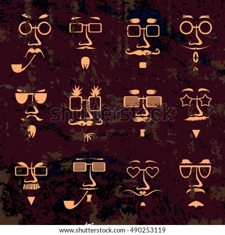 Hipster in glasses character faces avatars isolated on dirty grunge background. Hipsters style monochrome set. Faces collection for Fathers day design. Vector illustration