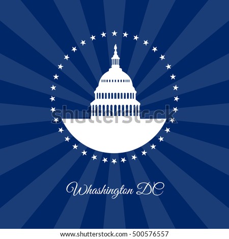 Washington DC symbol. White house and Capitol building arounded stars isolated on dark rays background. USA landmark. Vector illustration