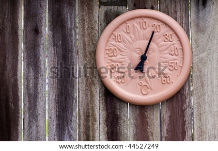 A temperature gauge in Centigrade hangs on a textured wooden wall with room for your text