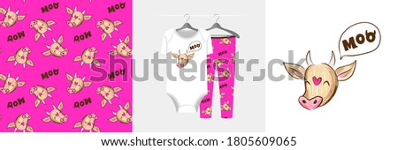 Seamless pattern and illustration set with cow head talking Moo. Cute design pajamas on a hanger. Baby background for apparel, room decor, tee prints, baby shower, fabric design, wrapping