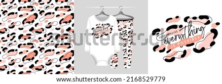 Seamless pattern and illustration set with leopard spots and lettering Just imagine Everything is Possible. Aesthetic design pajamas, background for apparel, room decor, tee prints, fabric, wrapping