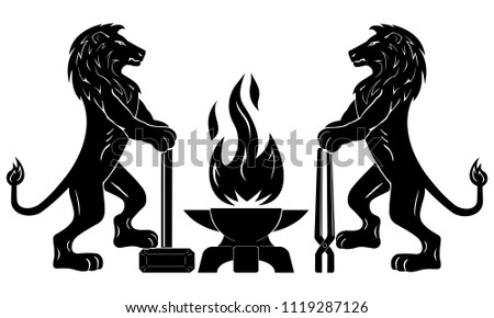 Gothic emblem of the medieval guild of blacksmiths, craftsmen. Vector. Two calm lions stand with tools near the anvil. Flame in the form of a bird Phoenix. Element of design.