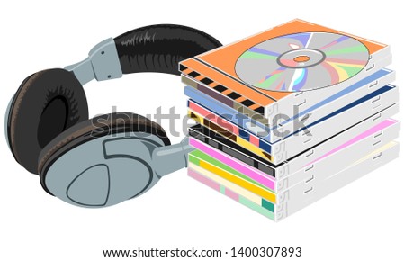 Vector. A stack of compact laser discs in boxes working shiny surface of the CD. Headphones are near the pile of CDs.