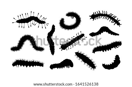Set spring and summer caterpillar icons. Black caterpillars with different silhouette on white background. For festive card, logo, children, pattern, tattoo, decorative, concept. Vector illustration