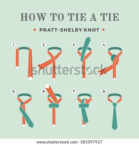 Instructions on how to tie a tie on the turquoise background of the eight steps. Knot Pratt-Shelby. Vector Illustration