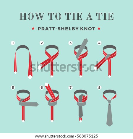 Instructions on how to tie a tie on the turquoise background of the six steps. Pratt-Shelby knot. Vector Illustration.
