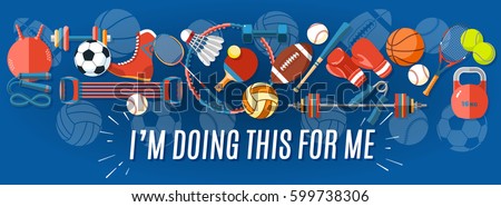 Set of sport balls and gaming items at a blue background. Healthy lifestyle tools, elements. Vector Illustration