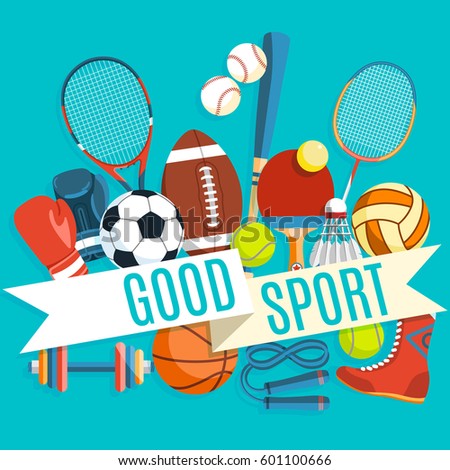 Set of colorful sport balls and gaming items at a blue background. Inscription GOOD SPORT. Healthy lifestyle tools, elements. Vector Illustration