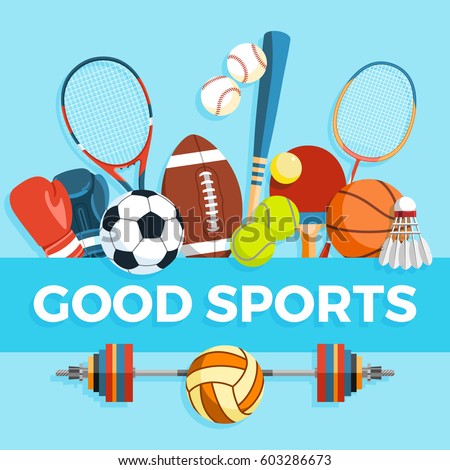 Set of sport balls and gaming items at a blue background. Healthy lifestyle tools, elements. Inscription GOOD SPORTS. Vector Illustration.