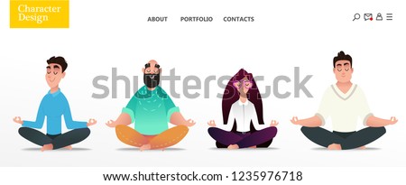 Set of young happy office characters relaxing by yoga. Isolated men and women in the lotus position. Home main page of the studio of yoga. Commercial illustration on a white background