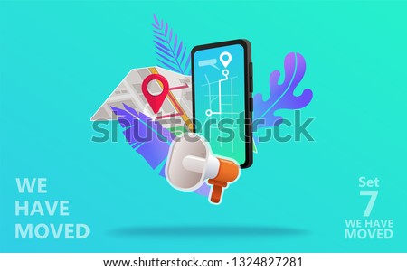 We have moved vector illustration concept. We have moved new office icon location.  Change location announcement business home map. Use for, landing page, template, ui, web, mobile app, poster, banner