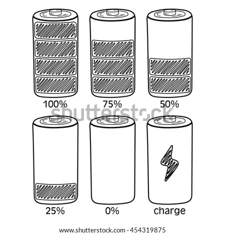 six level energy in mobile battery / cartoon vector and illustration, black and white, hand drawn, sketch style