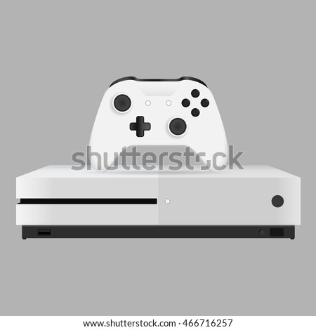 realistic gamepad and video game console on grey bakground. xbox