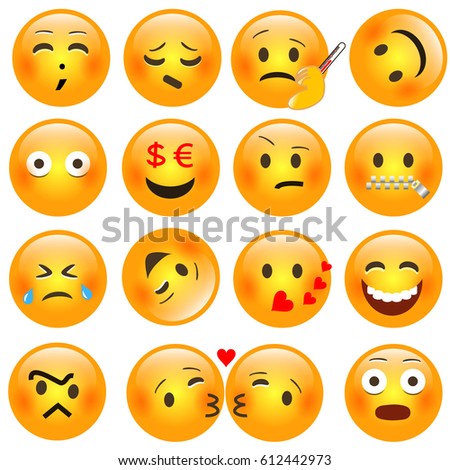 Set of Glossy Emoji Icons. Mood & Emotion Smiley Faces. Vector Illustration