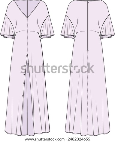 v neck flared short sleeve with slit and button slouchy long maxi dress template technical drawing flat sketch cad mockup fashion woman 