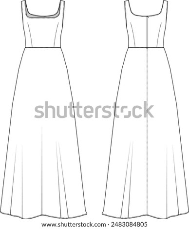 sleeveless squared neck strappy strapped darted zippered flared a line maxi long dress flat drawing technical drawing flat sketch