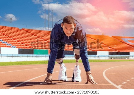 Similar – Image, Stock Photo Disabled man athlete stretching with leg prosthesis.