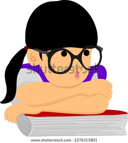 A cute little girl in glasses pouting and leaning on a book with her hands folded