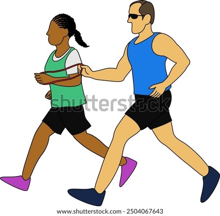 During a road run or marathon, a visually impaired male runner and a female running guide run by holding the rope to ensure they run in sync.