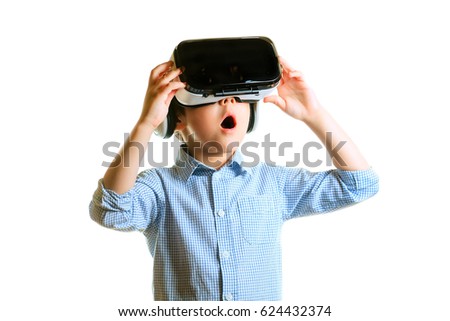 Similar – Image, Stock Photo Boy with virtual reality glasses on colorful background. Future technology, VR concept