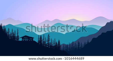 silhouettes of mountains, chalet and forest at sunrise. Vector illustration. mountains, hills, trees, house, mist, sun beam with sunrise or sunset sky. For prints, posters, wallpapers web background