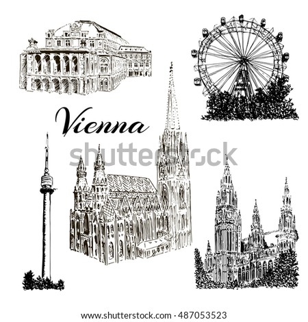 Set of Vienna symbols. Donauturm, Stephansdom, Rathaus, Prater, Vienna State Opera House. Wiener Staatsoper. Vector hand drawn sketch illustration.