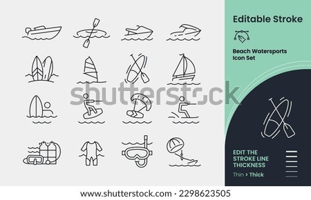 Beach Watersports Icon collection containing 16 editable stroke icons. Perfect for logos, stats and infographics. Edit the thickness of the line in any vector capable app.