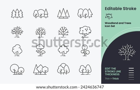 Trees and Woodland Icon collection containing 16 editable stroke icons. Perfect for logos, stats and infographics. Edit the thickness of the line in any vector capable app.