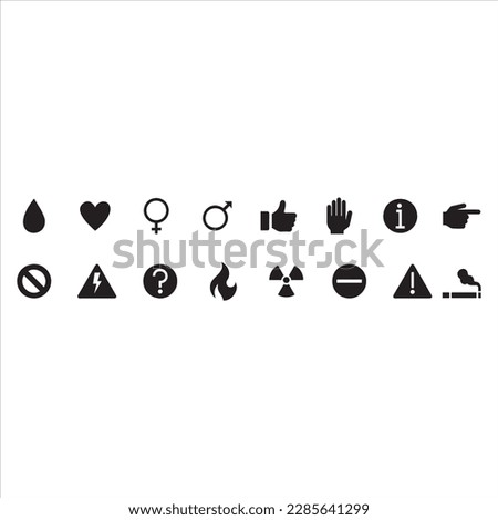 Vector illustration of black and white warning sign, caution, risk, love, droplets, gender, hazard, question, smoking, no entering, nuclear, sign way