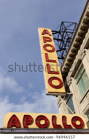 NEW YORK CITY - JAN 8: Sign outside of Apollo Theater on January 8, 2012 in Harlem, NYC. It\'s one of the oldest and most famous music halls and listed on the National Register of Historic Places.