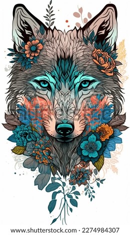 Cute wolf head in flowers