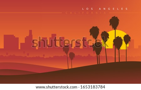 Los Angeles skyline during the sunset, viewed from the distance. Vector illustration. Stylized cityscape. California, USA