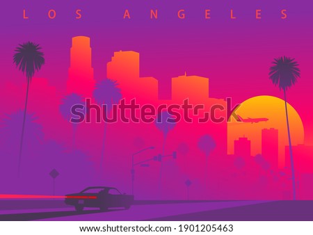 Cityscape of Los Angeles during the sunset with the huge sun. A car is driving towards downtown LA. Colorful vector illustration (original, not derived image)