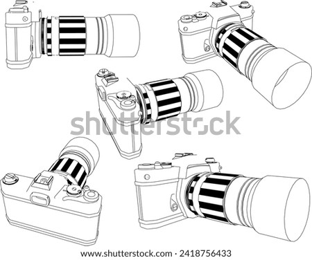 Vector sketch illustration of professional camera design with zoom mode and long lens