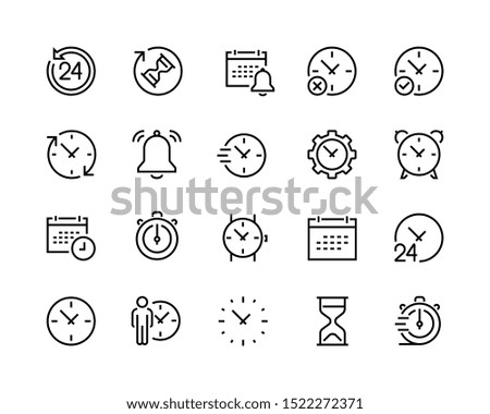 Calendar and Сlock icons set. Сollection of linear simple web vector icons such as Timer, Clock, Calendar, Alarm Clock and others. Editable vector stroke. 96x96 Pixel Perfect.