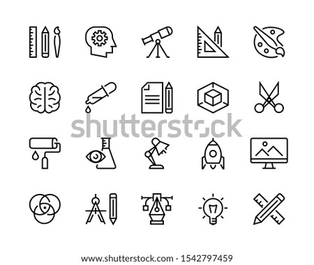 Design icon set. Collection of creativity icons such as science, thinking, searching for ideas, design creation, graphic design.  Editable vector stroke. 96x96 Pixel Perfect.