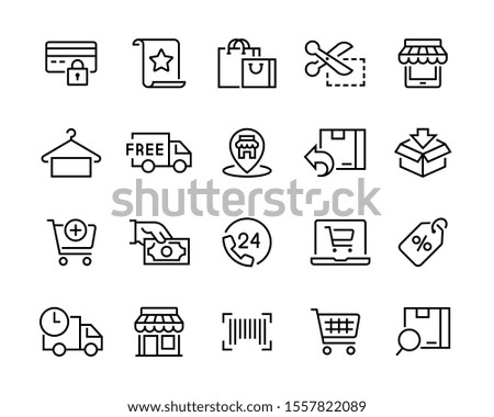 Set of shopping icons. Сollection of web icons for online store, such as discounts, delivery, contacts, payment, app store, location, shopping cart. Editable vector stroke 96x96 pixel 