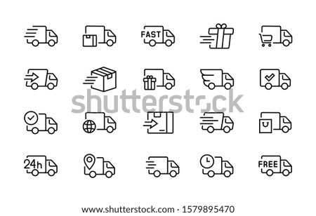 Set of delivery truck icons. Сollection of simple linear web icons from different delivery tracks and boxes.Editable vector stroke. 96x96 Pixel Perfect.