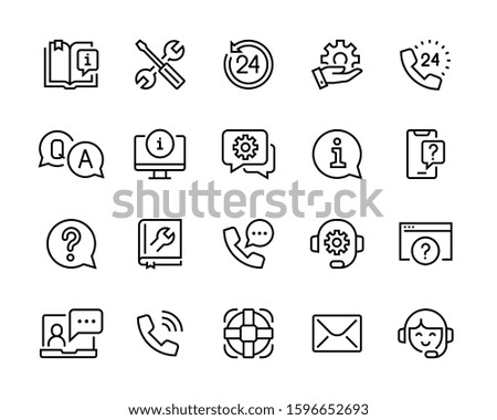 Help and support icon set. Сollection of simple linear web icons, consists of support, online assistant, reference book, etc. Editable vector move. 96x96 Pixel