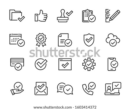 Approve icons set. Сollection of simple linear web icons for approving files, documents, bank cards, settings, etc. Editable vector stroke.